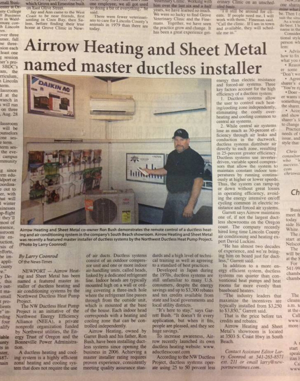 Airrow Heating and Sheet Metal named master Ductless Installer in South Beach, OR.